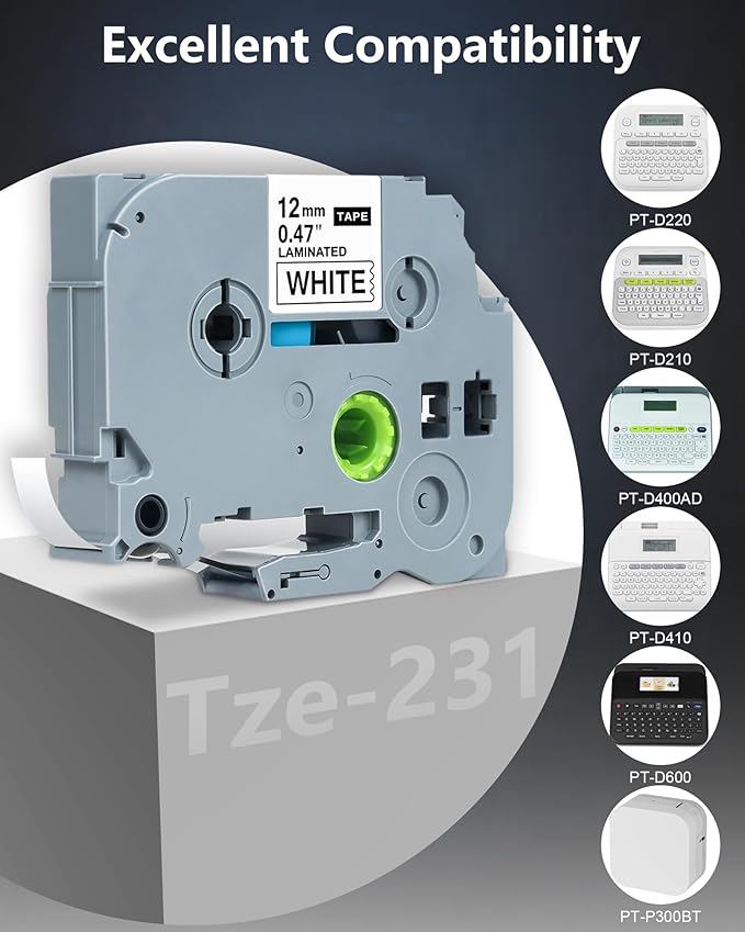 12mm 0.47 Laminated Replacement for Brother Label Maker Tape, P-Touch Label Tape, Tze 231, Compatible with Brother P Touch Label Maker PT-D210 PT-H110 PT-D220 PT-D400, 6-Pack
