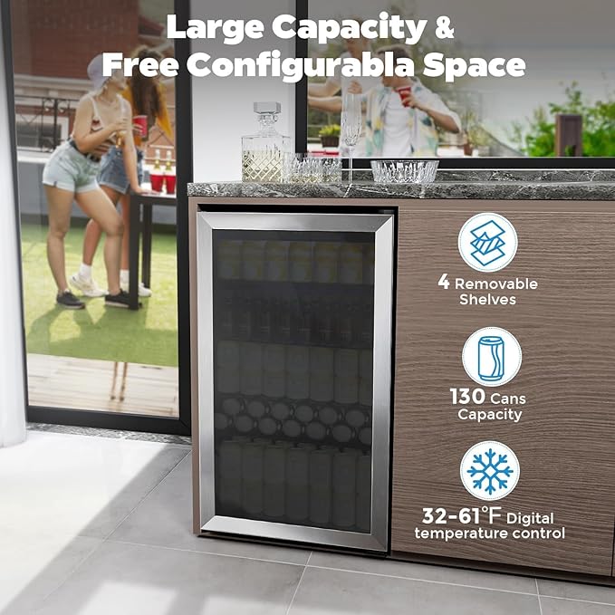 Kndko Beverage Refrigerator Cooler - 130 Can Mini Fridge with Adjustable Shelves, Glass Door, Digital Temperature Control, LED Lighting, Energy Efficient for Home, Office, Bar - 3.2 Cu.Ft, Silver