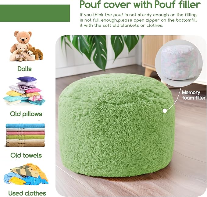 HIGOGOGO Round Stuffed Pouf Ottoman, Long Faux Fur Poufs with Foam Chunk Filling, Fluffy and Furry Pouf Foot Stool Storage Ottoman, 20 X 15 Floor Poufs Foot Rest for Living Room, Green