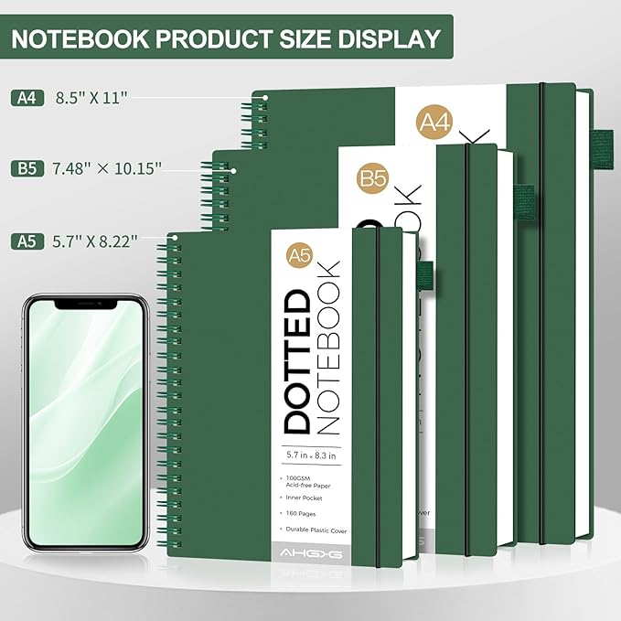 AHGXG Bullet Dotted Journal - Dot Grid Spiral Notebook B5, 140 Pages, 100 GSM Thick Paper, Waterproof Plastic Cover Journals for Bullet Journaling, Sketching, 7.6" x 10", Green