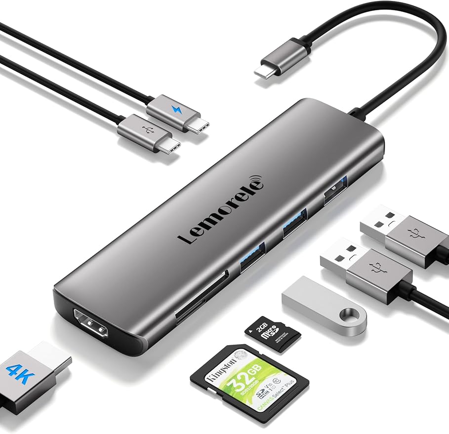 Lemorele 8-in-1 USB C Hub Multiport Adapter, USB-C Hub with 4K HDMI Output, 100W Power Delivery, USB 3.0 5Gbps Port, SD/TF Card Reader Adpater, Compatible for MacBook Pro, XPS, Chromebook and More