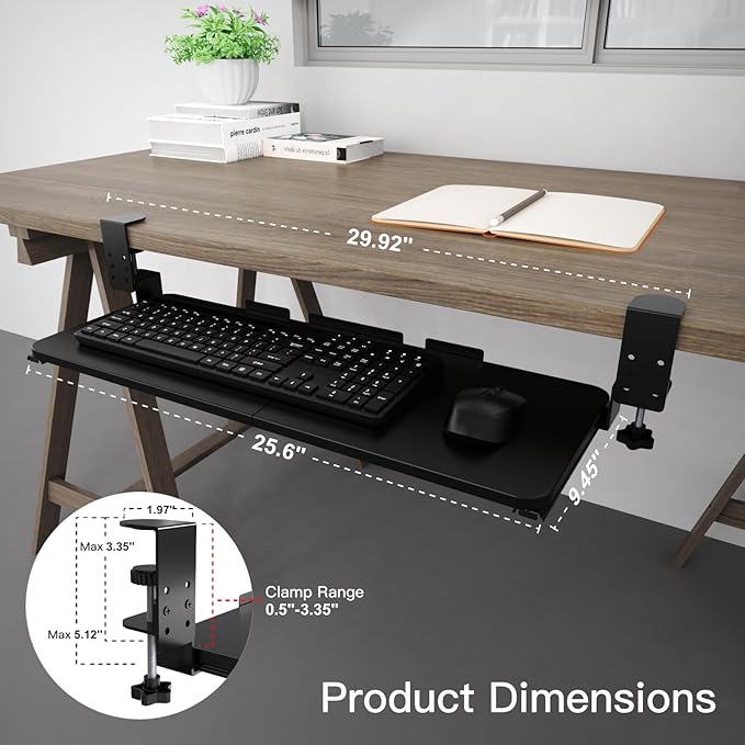 Ergonomic Keyboard Tray Under Desk Pull Out with Adjustable C-Clamp Mount, Slide-Out Computer Keyboard and Mouse Platform Drawer for Office and Home Typing (Black)