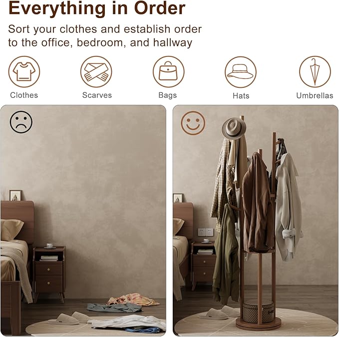 Solid Wood Rotary Coat Rack, Freestanding Coat Rack with 3 Shelves and 9 Hooks, Coat tree for Bedroom, Entryway, Livingroom, Coat Hanger Stand for Coats, Scarves, Handbags (Walnut)