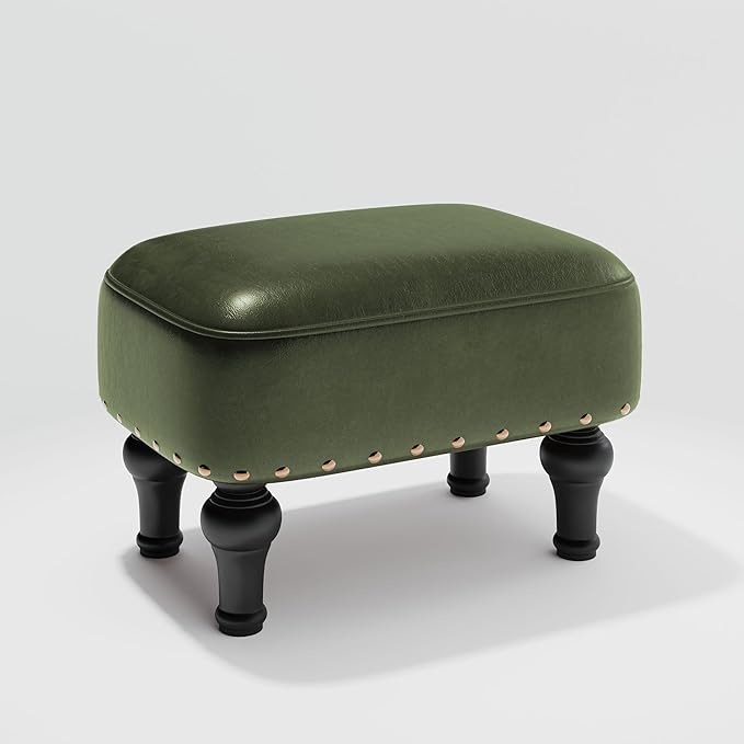 Ottoman Leather Foot Rest with Thicker Foam Padded Seat, Footstool with Wooden Legs (Green)