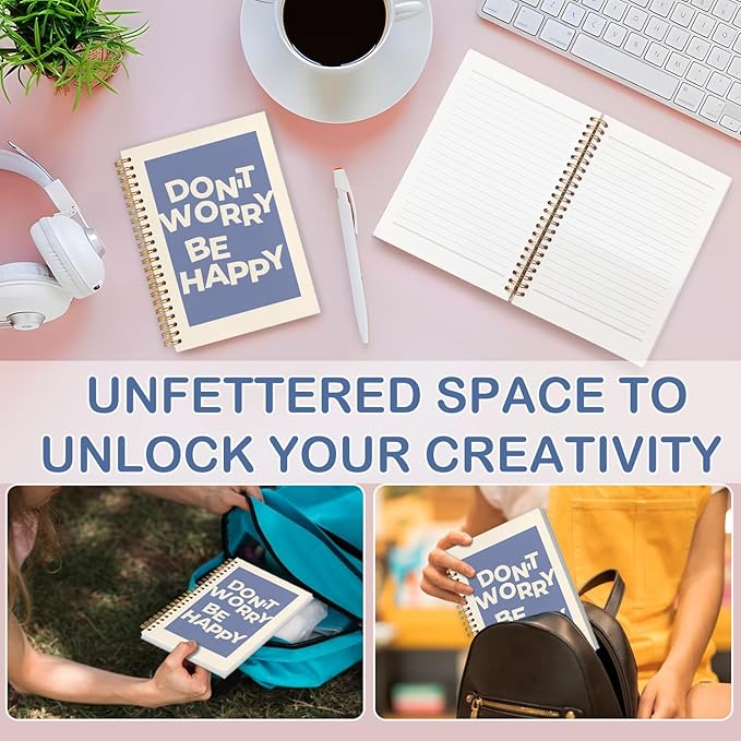 SNNDER Inspirational Notebook, Mental Health Journal for Women, Motivational Positive Affirmations Journal, Don't Worry Be Happy Blue Hardcover Spiral Notebooks 5.5x8.3 Inch