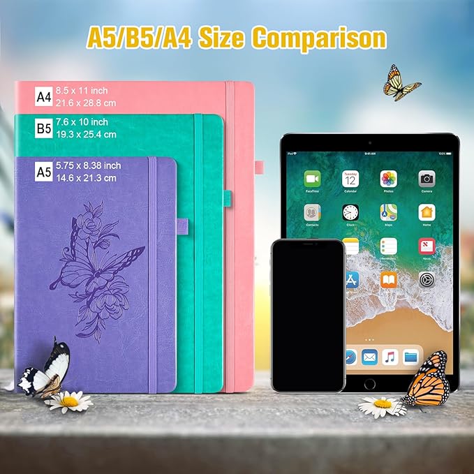 Lined Notebook Journal for Women, 312 Numbered Pages A5 Thick Leather Journal, 100gsm Paper Daily Journal for Work Travel, Hardcover College Ruled Notebook, Giftable Butterfly Floral Notebook, Yellow