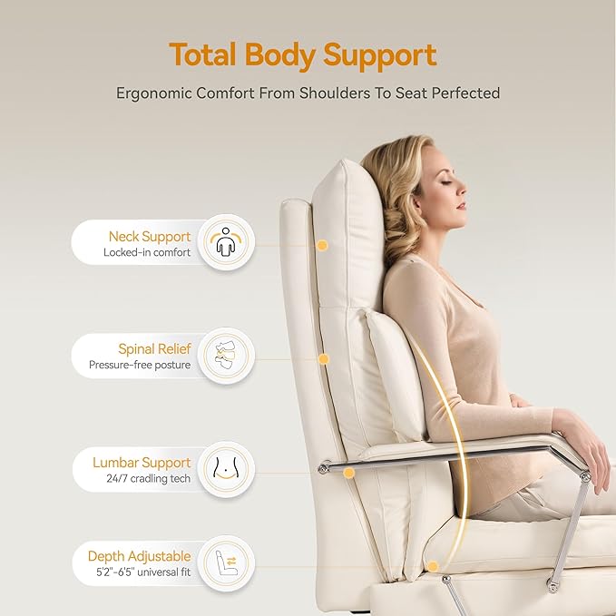 Reclining Office Chair with Footrest - 25.6" Wide Seat & Adjustable Seat Depth, Big and Tall High Back Leather Executive Home Office Desk Chair 400lbs, Cream