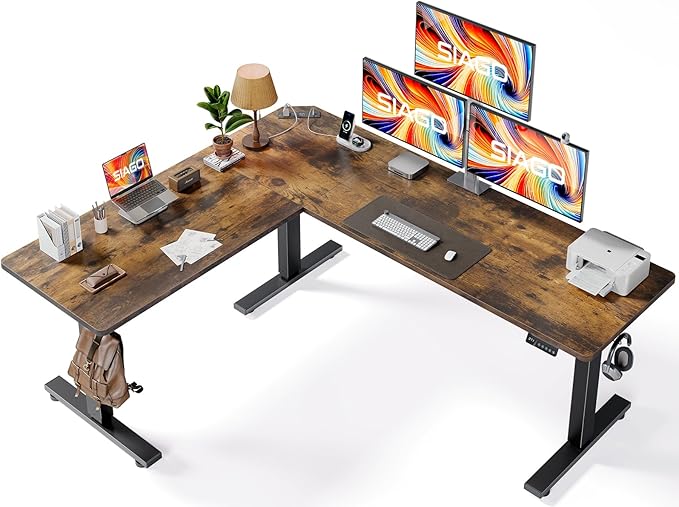 SIAGO L-Shaped Standing Desk - 75 x 63 Inch Adjustable Corner Standing Desk with Charging Station - L Shape Sit Stand Table with Memory Controller, Splice Board for Home Office