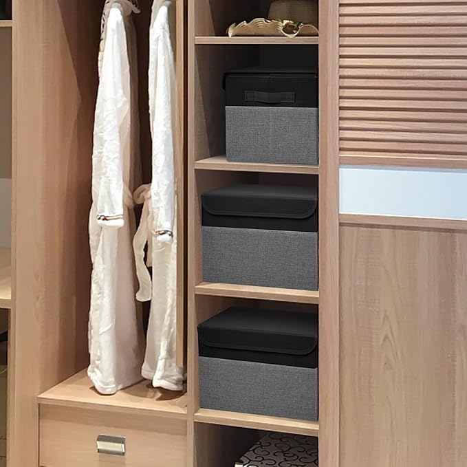 Large 17" 42 Quarts Collapsible Stackable Storage Bins with Lids [3-Pack] Foldable Fabric Linen Storage Boxes Cube, Closet Organizer Baskets with Label for Home (16.7 x 12 x 12", Black & Gray)