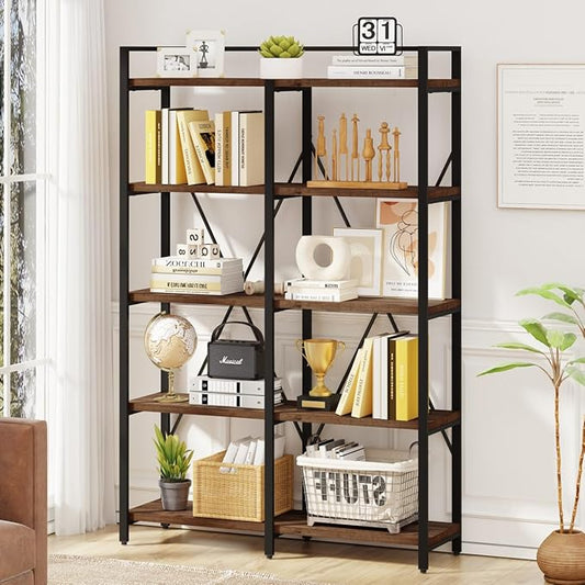 BON AUGURE Industrial Bookshelf, Bookcases and Bookshelves Etagere, Tall Large Farmhouse Book Shelves, 5 Tier Open Bookcase, Wood Metal Shelving Unit for Bedroom, Office (Rustic Oak)