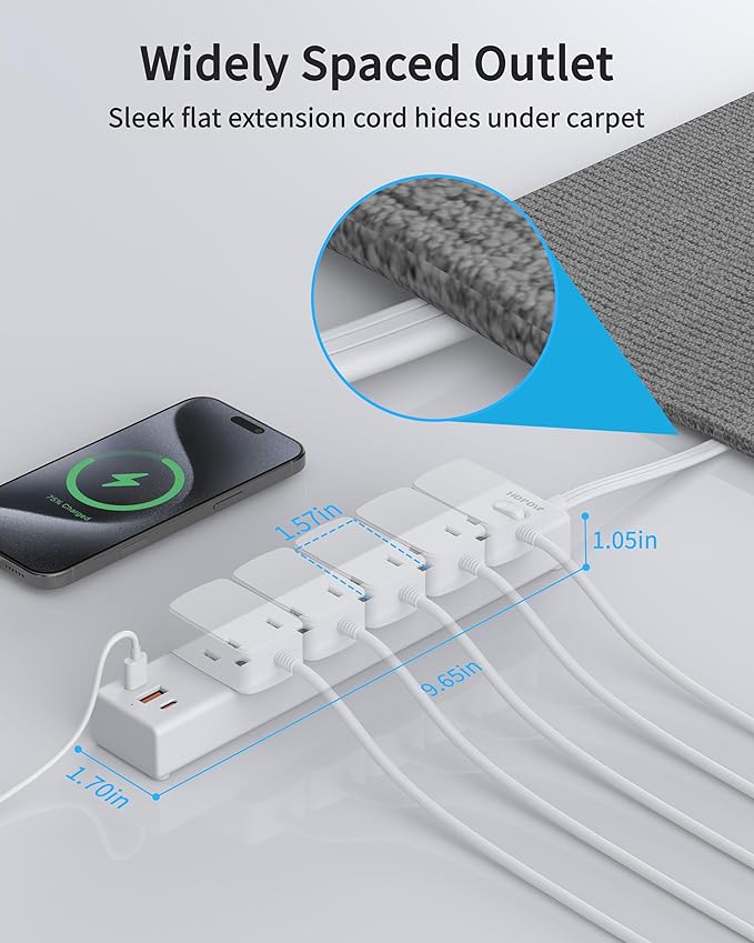Flat Plug Power Strip, 6 Ft Ultra Thin Flat Extension Cord, Surge Protector with 5 Outlets & 3 USB Ports (2 USB C), 1700 Joules, Wall Mount, Desktop Charging Station for Home Office Dorm, White