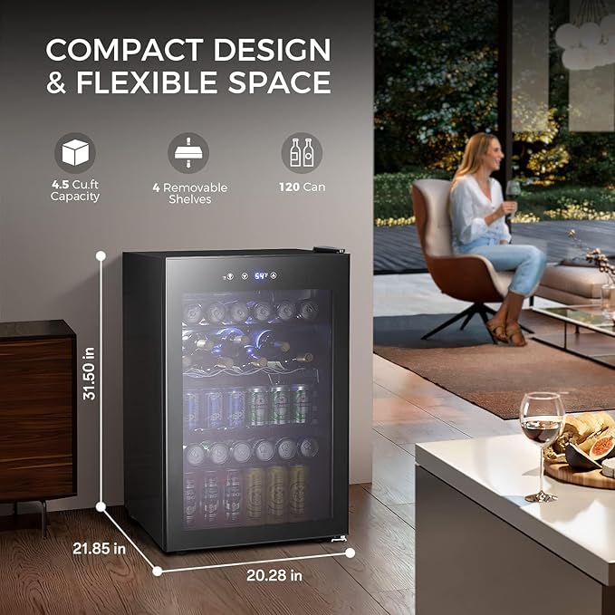 Kismile 4.5 Cu.ft Beverage Refrigerator and Cooler, 145 Can Mini Fridge Glass Door,Digital Temperature Display for Soda, Beer or Wine, Small Drink Dispenser Cooler for Home, Office or Bar(Black)