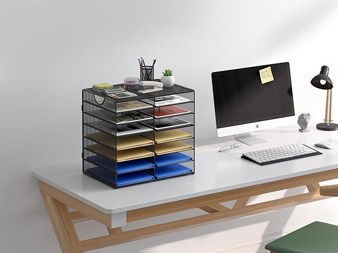 EasyPAG 14-Slot Mesh Desk File Organizer with Handle, Metal Frame Paper Tray for Classroom/Office/Home - Easy Assembly, Durable Tiered Sorter & A4/Letter Size, Black