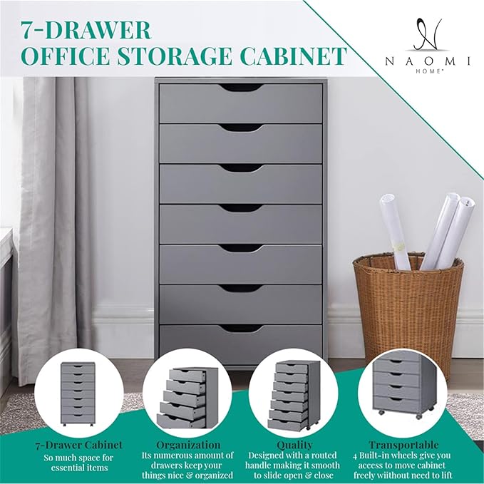 Naomi Home Office Wooden File Cabinets for Home Office Lateral Mobile File Cabinet Mobile Storage Cabinet Filing Storage Drawer Gray/7 Drawer