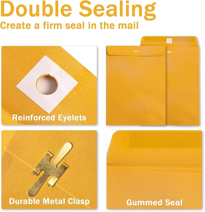 Clasp Envelopes 10x13, 100 Pack Goefun Brown Yellow Manilla Envelopes 10x13-100GSM Heavy Kraft Paper, with Clasp and Gummed Seal for Mailing