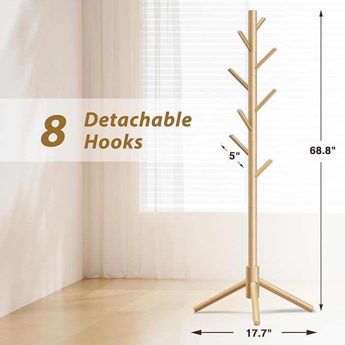 Wooden Coat Rack, Free Standing Coat Rack with 8 Hooks 3 Adjustable Heights for Clothes, Hats, Handbags, Coat Tree Easy Assembly for Entryway, Bedroom, Hallway, Office(2PCS)