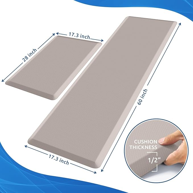 KitchenClouds 2PCS Kitchen Rugs Cushioned Anti-Fatigue Non-Slip Waterproof Kitchen Mat Comfort Foam Standing Mat for Floor Office Sink Laundry (Khaki)
