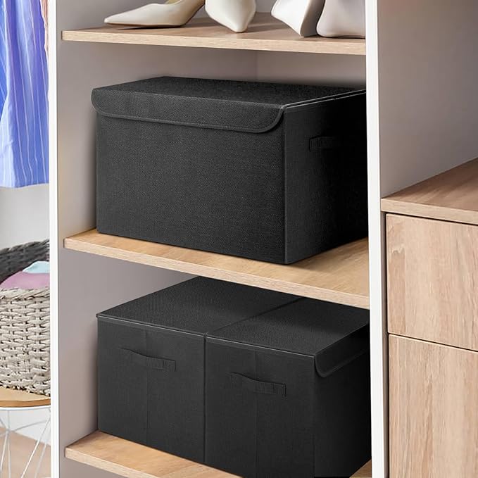 Large 22 Quart Linen Fabric Foldable Storage Bin Cube Organizer Basket with Flip-Top Lid & Handles, Clothes Blanket Box for Home, Office, Closet, Black, 4 Pack 14.6 x 9.5 x 9.5”