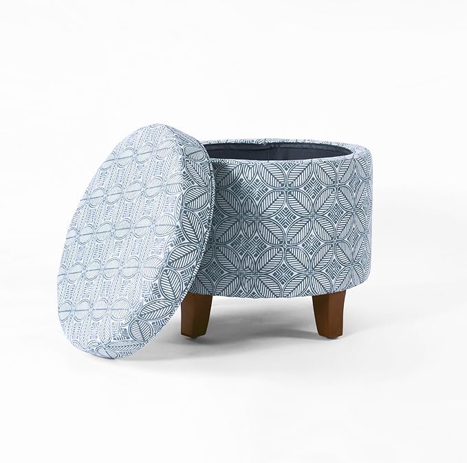 HomePop Upholstered Round Storage Ottoman|Homepop Home Décor|Upholstered Round Foot Rest Ottoman -Blue Indigo Print
