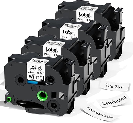Label KINGDOM TZe-251 24mm 0.94” TZ Tape Compatible with Brother P Touch 1” Laminated White Label Maker Tape for PT D610BT D600 700 P710BT PTP750W, 4-Pack Tze251