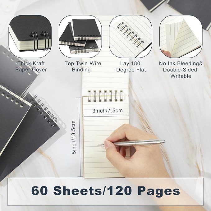 Tenceur 100 Pcs Pocket Notebook Bulk Small 3x5 Inch Spiral Notepads Mini Top Bound Notebook with Lined 120 Pages Ruled Memo Pads for Office College Nurse Essentials Back to School Gift (Black)
