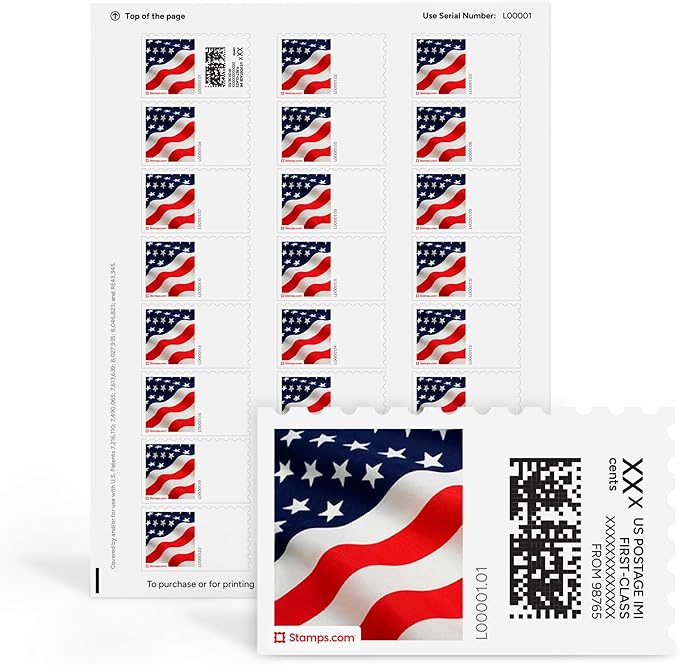 Stars & Stripes NetStamps 120-Pack (5 Sheets) Printable Postage Labels (Stamps.com Subscription Required) - Print Approved Postage - Inkjet & Laser Printers - Business, Personal, Home