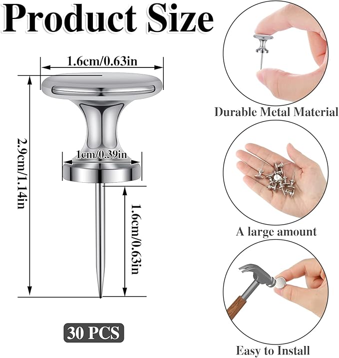 30 Count Jumbo Metal Push Pins 1.14 Inch, Giant Thumb Tacks for Wall hangings 20 Lbs Poster pins for Cork Board Bulletin Maps Office Home Classroom Decorative