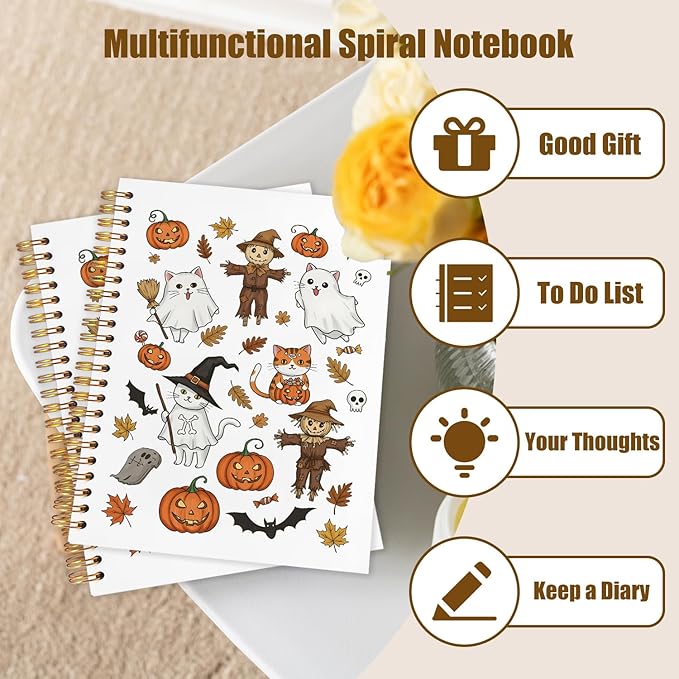 WUCHJ Halloween Notebook, Spooky Pumpkin Ghost Cat Bats Journal, Fall Maple Leaf Scarecrow Spiral Notebook Journal for Note Taking, Fall Halloween Office Supplies, 5.5x8.3 Inch