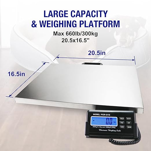 Charmline 660lbs x 0.2oz High Accuracy Digital Postal Scale, Shipping Scale with 21x17 Large Stainless Steel Platform, Heavy Duty Scale for Packages/Dog/Postage/Luggage, Battery & AC Adapter Powered