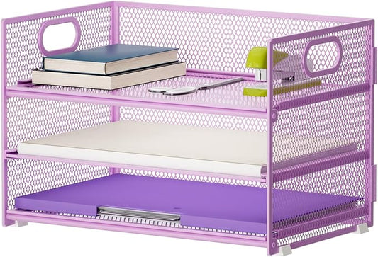 Marbrasse 3 Tier Paper Organizer Letter Tray, Mesh File Organizer with Handle, Paper Sorter Desk Organizer for Home Office Supplies(Purple)