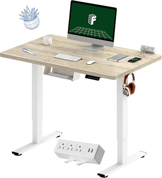 FLEXISPOT EN2 Whole-Piece Standing Desk with Clamp Power Strip, 40 x 24 Electric Stand Up Height Adjustable Desk with Cable Management (White Frame + 40" White Wood Grain Desktop)