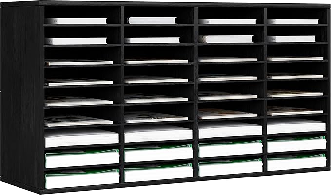 EasyPAG Mail Organizer Countertop, Wood Literature Organizer with Adjustable Shelves, Student Classroom Mailbox for School, Desktop Paper Sorter for Office Home, 36 Compartments, Black
