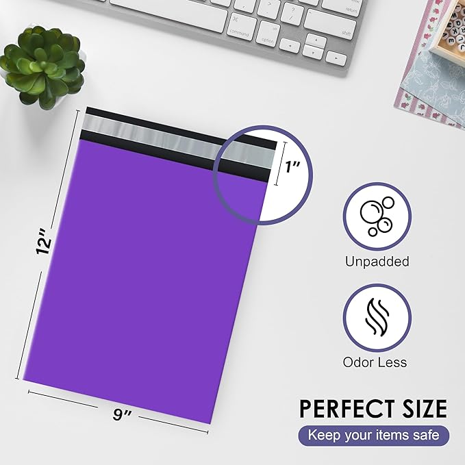 Purple Poly Mailers 9x12 Inch | Strong Adhesive Self-Seal mailer Bags | Tamper, Tear, Water Resistant Shipping Envelopes | Thick Strong Material Polymailer Bags Clothing Bag | 1000 Pack Bulk