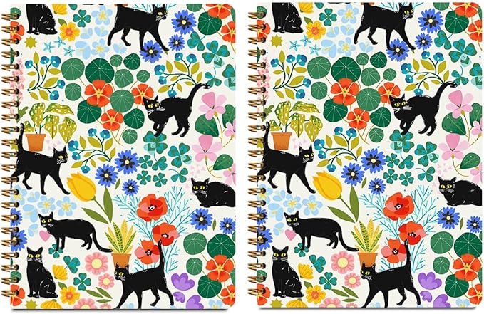 2Pcs Cute Spiral Notebook, Floral Cat College Ruled Spiral Notebook, 160 Pages Hardcover Notebooks Journals for Writing Travel Business Office, Funny Aesthetic Notebooks for Women Cat Garden