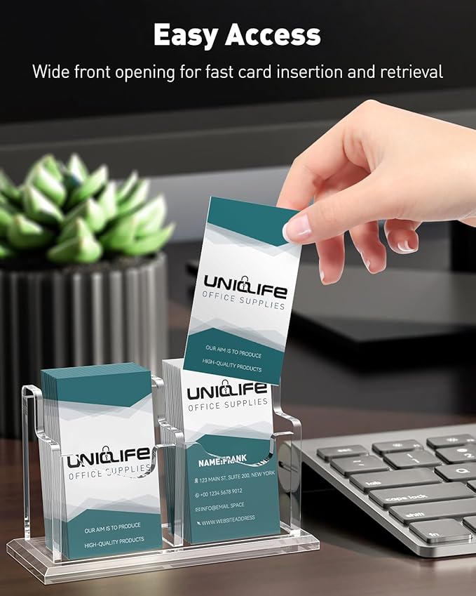 Uniclife Acrylic Business Card Holder for Desk 2 Slot Clear Vertical Business Card Display Stand for Men and Women Desktop Name Card Organizer Card Stand for Office Home Exhibition, 120 Card Capacity