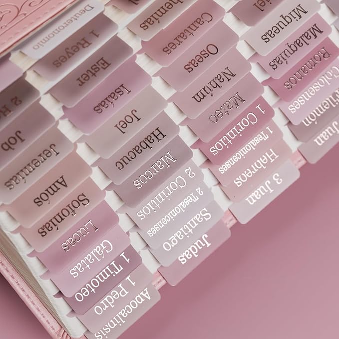 UPAFEXXI-Spanish Laminated Bible Tabs for Women and Men(Gold Foil Embossed Lettering) Pestañas de la Biblias, 80 Reposition Large Print tabs, Easy to Read and Apply(Pink)
