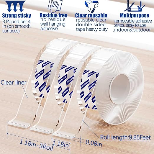 Clear Double Sided Adhesive Mounting Tape Heavy Duty Removable,Strong Picture Hanging Strips Wall Hangers,Sticky Tack Gel Putty Glue for Poster,Photo,Mirror,Carpet(9.85 Ft-3 Pack)