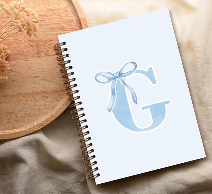 Initial G Notebook Journal,Personalized Teen Girl Gifts,Coquette Trendy Preppy Blue Bow Spiral Notebook,Monogrammed Gifts for Women Teen Girl,College Ruled Hardcover Spiral Notebook 5.5 x 8.3
