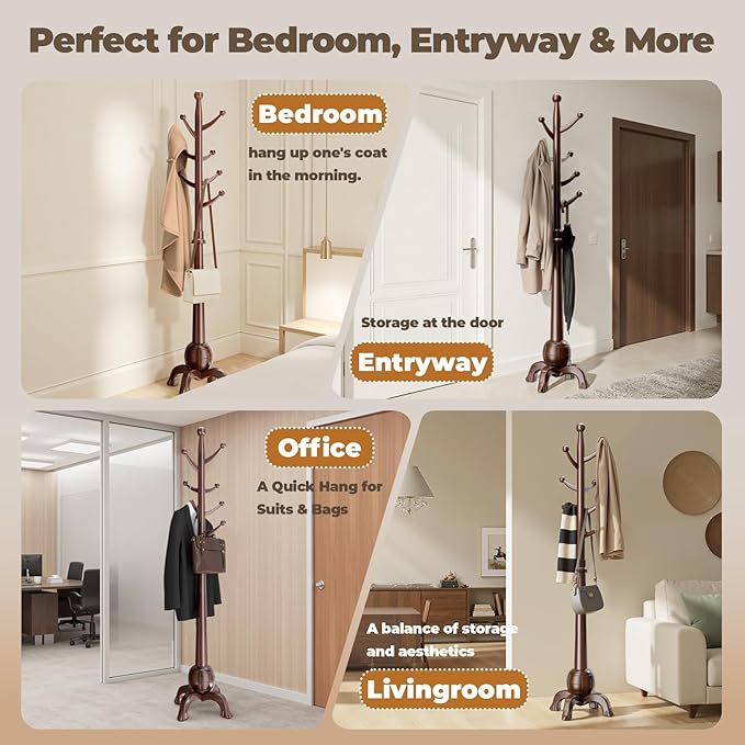 Wood Coat Rack Freestanding, Solid Wooden Hall Tree with 8 Hooks, Coat Tree Freestanding Heavy Duty with Stable Base, Entryway Hallway Bedroom Office Use, 240lbs Load Capacity H:71.6in (Natural)