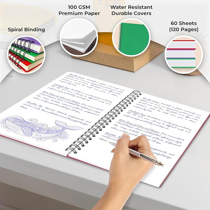 Blank Spiral Notebook, 6 Pack, 5.8 x 8.3, 120 Pages (60 Sheets), 100 GSM Unlined Drawing Notebooks, Assorted A5 Journals, No-Bleed, Sketching, Note Taking, Blank Journals for Office & School