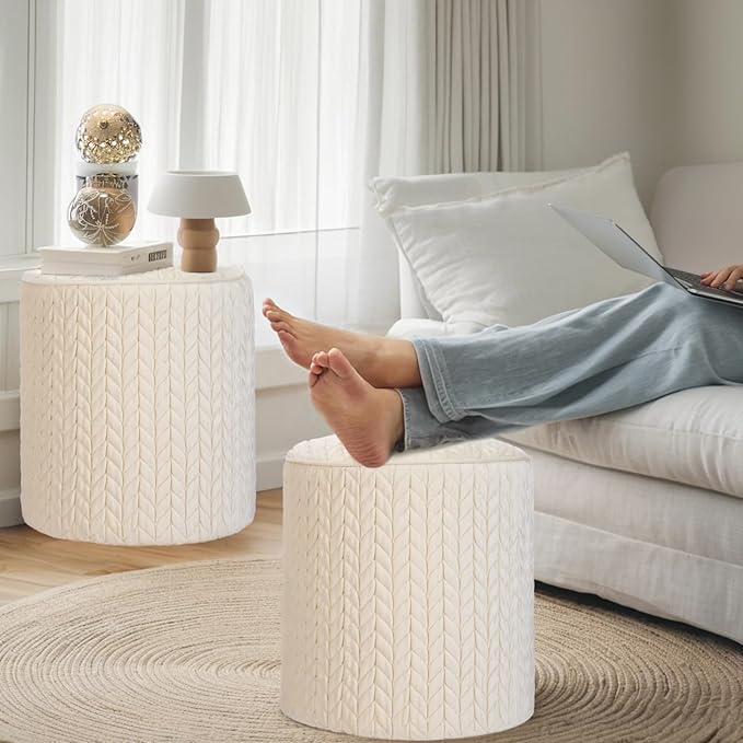 Modern Round Ottoman, Braided-Tufted Foot Stool Ottoman, Velvet Upholstered Vanity Stool for Makeup, Bedroom, Living Room, White
