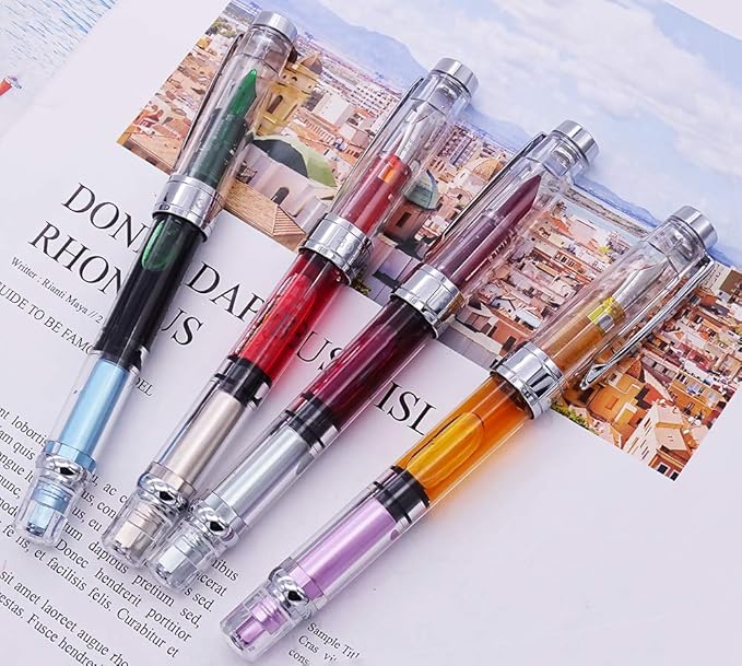 Lanxivi 4 x Yongsheng 3008 Fountain Pen Upgrated Fine Nib,Silver Trim,Piston Filling, Transparent