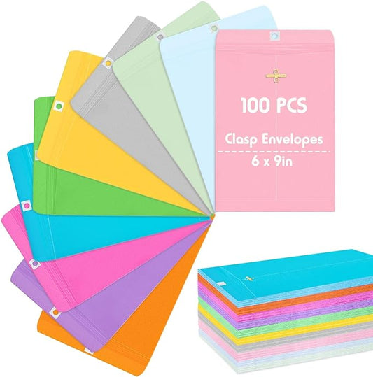 Geyee 100 Pcs Clasp Manilla Envelopes 6 x 9 Inch Gummed Colored Envelopes for Storing or Mailing for Home Office Business Supplies(10 Colors)