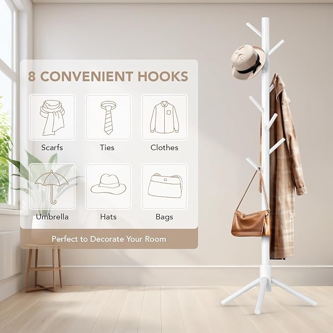 Wooden Tree Coat Rack Stand,Sturdy Freestanding Coat Rack with 8 Hooks,3 Adjustable Height for Child Adult,Wood Coat Stand Tree Fits Entryway Bedroom Office for Bags,Hats