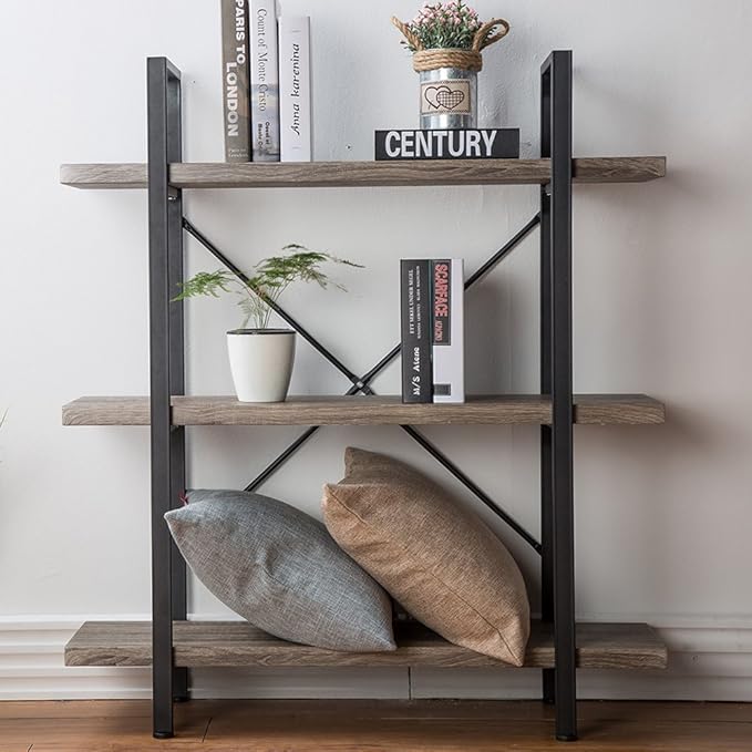 HSH 3-Shelf Bookcase, Rustic Gray 3 Tier Bookshelf, Vintage Industrial Wooden and Metal Display and Storage Bookshelves Tower for Home Office Livingroom Bedroom Light Grey Oak