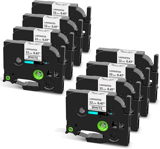 Label Tape for PT-1180 1280 1750 1890 2040 1090 1290 P300BT Compatible with Brother P touch Label Maker TZe-231 TZe231 12mm 0.47 Inch Laminated Black on White Ptouch tape 1/2"x 26.2' (12 mm x 8m), 8PK