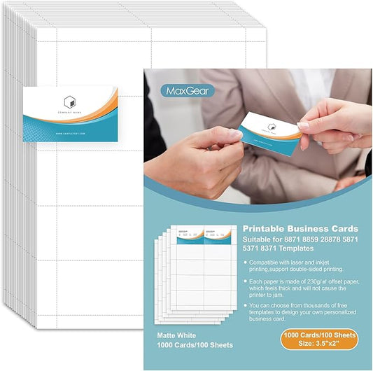 MaxGear Business Card Printable Business Card, Compatible with Laser & Inkjet Printer, Double-Sided Printing, Heavyweight, Matte White Paper, Smooth Edge, 10 Cards/Sheet, 1000 Cards, 3.5" x 2"（8871