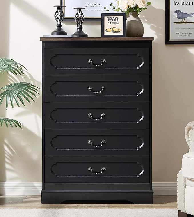 LIDYUK 5 Drawer Dresser for Bedroom Farmhouse Black Wood Chest of Drawers for Bedroom Dresser, Rustic 46" Tall Wide Drawers Dressers Wooden Closet Storage Cabinet, Hallway, Living Room
