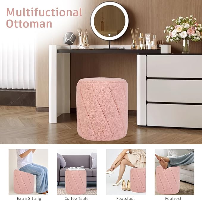 Modern Round Ottoman 2Pcs, Spiral-Tufted Foot Stool Ottoman, Teddy Fleece Upholstered Vanity Stool for Makeup, Bedroom, Living Room, Pink