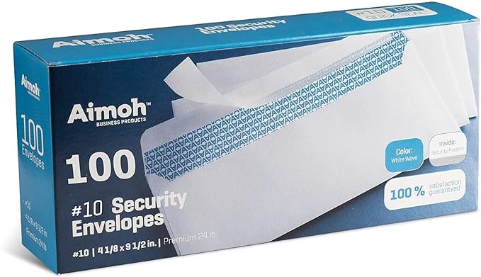 Aimoh #10 Security Tinted Self-Seal Envelopes - No Window - EnveGuard, Size 4-1/8 X 9-1/2 Inches - White - 24 LB - 1 Case - 12 Packs - 1,200 Envelopes (34100-CS)